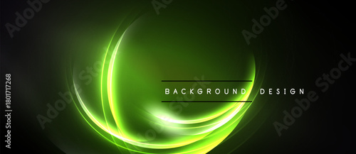 Abstract neon lines create glowing oval shape. Dark background emphasizes bright green energy flow, modern design element.