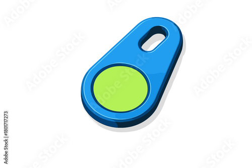 Modern blue plastic security key fob with bright green circular button for contactless entry