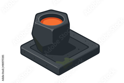 Isometric crucible holding glowing molten metal on textured stone base