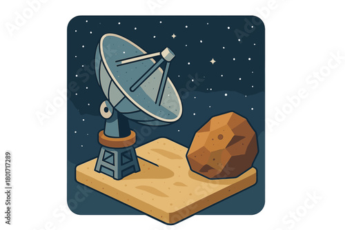 Satellite dish receiving data near asteroid in deep space environment