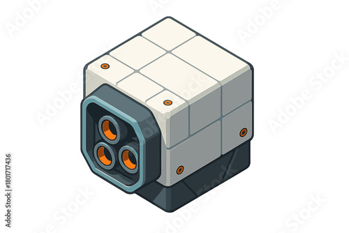 Futuristic isometric cube device with three circular charging ports and modern sci-fi design