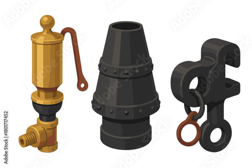 Vintage steam engine components set featuring a golden whistle, black funnel, and heavy coupling hook