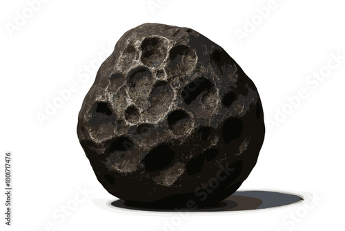 Dark pitted space rock with impact craters isolated on white background