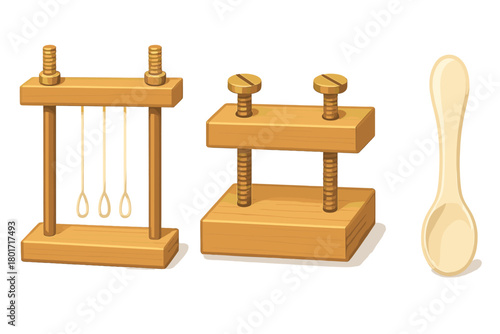 Collection of wooden laboratory apparatus including a string stand, screw clamp, and spoon