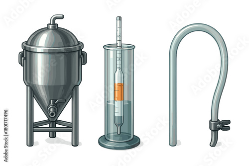 Essential homebrewing tools including fermenter hydrometer and airlock