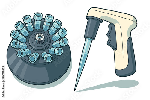 Laboratory centrifuge rotor and adjustable pipette used for scientific analysis