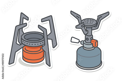 Lightweight outdoor cooking equipment collection featuring two portable camping stoves