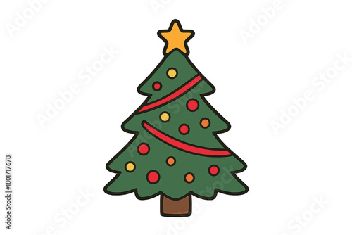 Stylized decorated evergreen tree with star topper and colorful ornaments