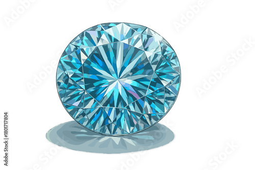 Sparkling round brilliant cut blue diamond gemstone isolated on a white background