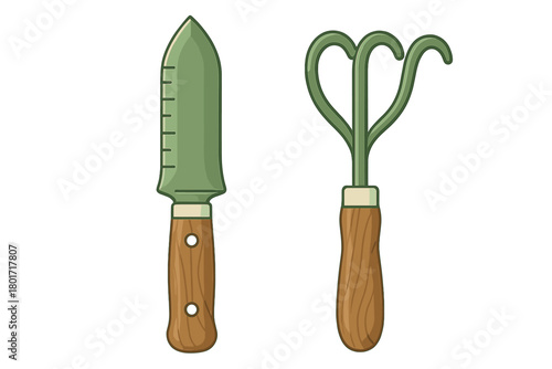 Gardening hand tools including a soil knife with measurements and a three-tine cultivator