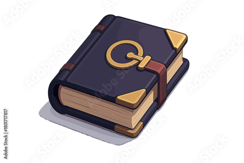 Mystical closed book with dark leather cover, ornate golden clasp, and corner protectors