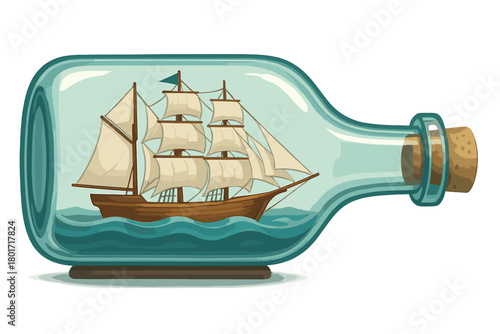 Classic sailing ship model floating inside a sealed glass bottle