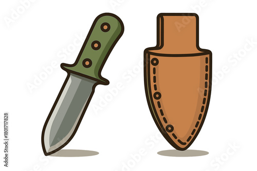 Fixed blade survival knife with green handle and metal blade next to a protective leather sheath