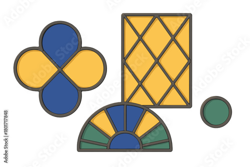 Geometric stained glass window panel shapes set in bright primary colors