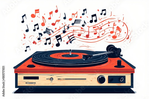 A red and black record player with musical notes floating above it, suggesting music is being played.