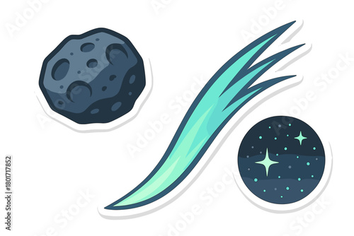 Set of three stylized space objects stickers: asteroid, comet, and starry night sky