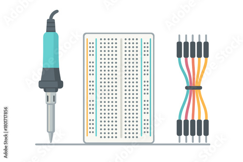Essential electronic tools and components: soldering iron, breadboard, jumper wires