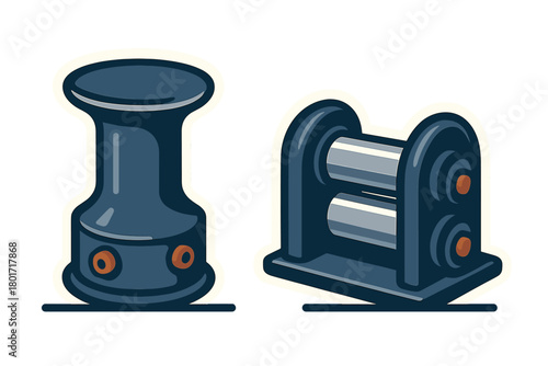Stylized industrial machinery with dark blue capstan and rolling mill device