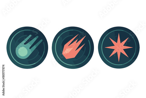 Three celestial body icons: comet, meteor, and sharp star symbols