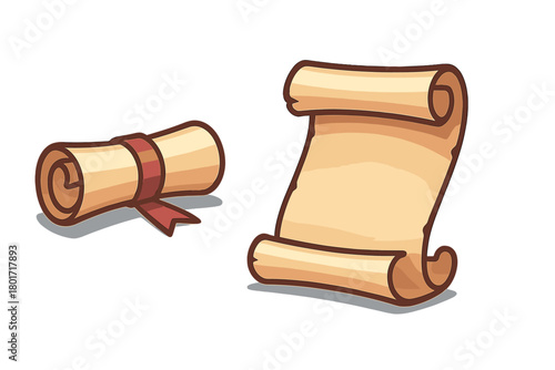 Pair of old parchment scrolls, one tightly rolled and tied with a ribbon, the other partially unfurled