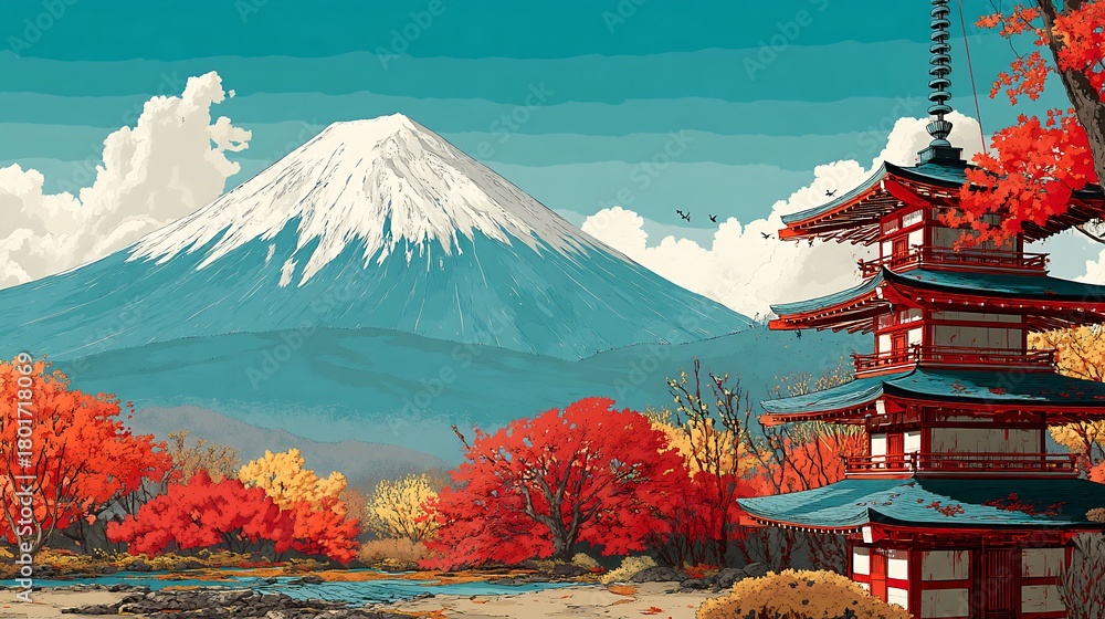 Obraz premium Scenic view of a towering pagoda nestled in the foreground of majestic mount fuji under bright sky