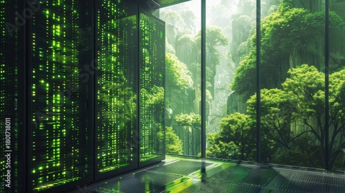 clean green AI server farm in nature landscape
