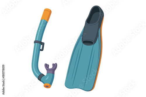 Colorful snorkeling gear set featuring a blue and orange snorkel and matching diving fin