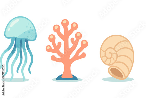 Cute cartoon set of underwater sea creatures jellyfish coral and spiral seashell