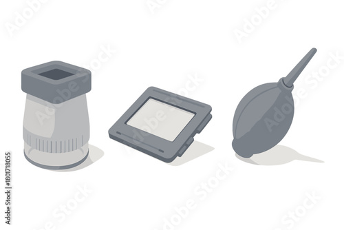 Isometric set of essential photography cleaning tools including loupe and air blower