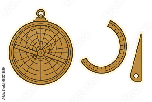 Detailed components of an antique brass astrolabe for celestial navigation
