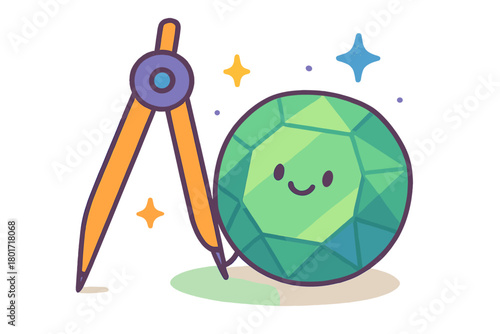 Cute green gemstone character holding drafting compass tool