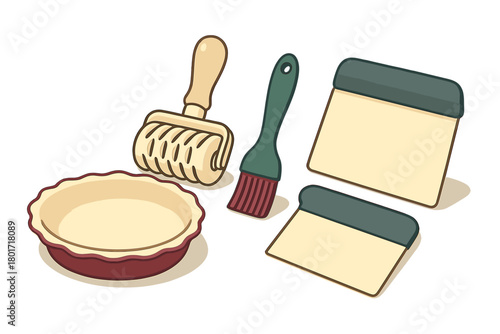 Set of essential baking and pastry tools including pie dish and dough cutters
