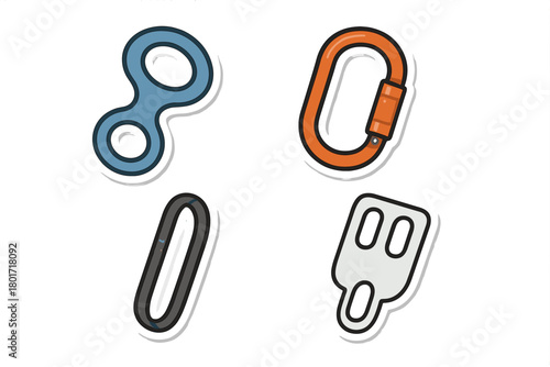 Collection of essential climbing and mountaineering safety equipment stickers