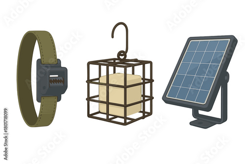 Outdoor equipment set featuring a solar panel, wildlife feeder, and adjustable strap buckle