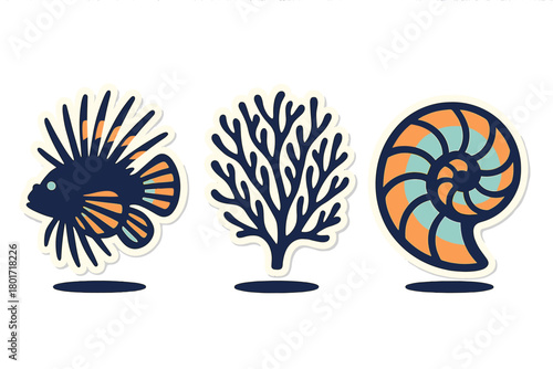 Stylized icons of marine life including fish, coral, and seashell shapes
