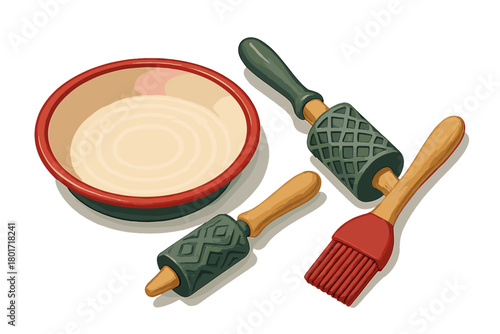 Set of pastry tools including rolling pins and silicone brush for baking