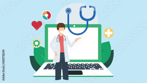 Professional healthcare illustration of a person in medical attire holding a stethoscope symbolizing health diagnosis and patient care