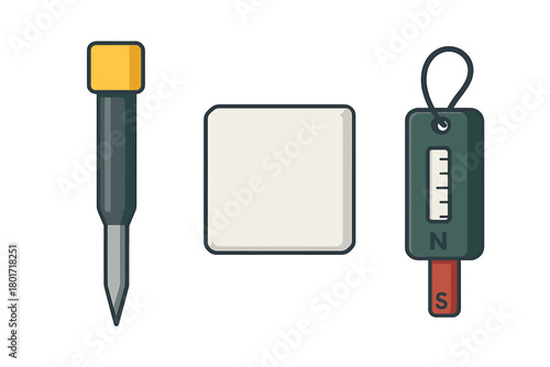 Geology and surveying field research tools: a pin, a blank note, and a magnetic scale