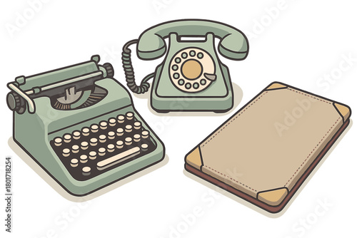 Collection of vintage equipment including typewriter, rotary phone, and notebook