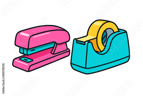 Colorful stapler and tape dispenser desk tools set
