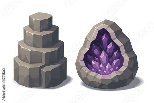 Isometric stacked stone pillar and cut amethyst geode mineral set