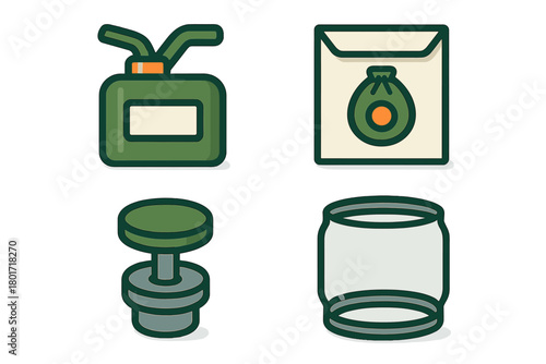 Simple graphic icons of gas can, seed packet, small stool, and empty glass jar