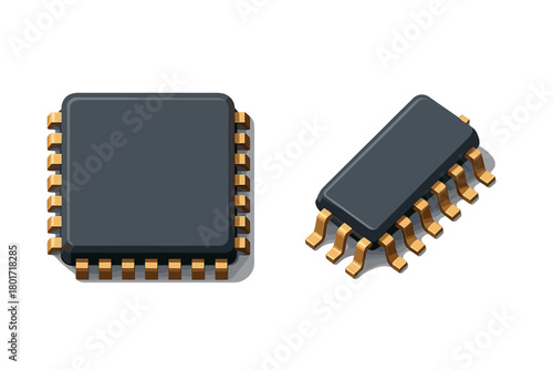 Two electronic integrated circuit chip components with golden pins