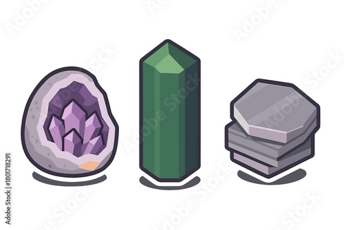 Set of three stylized mineral and crystal icons including amethyst geode and gemstone