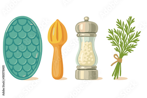 Kitchen utensils collection with citrus reamer salt shaker and fresh dill