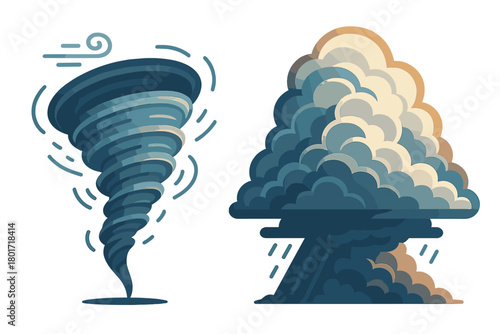 Tornado and thunderstorm cloud icons set for severe weather concept