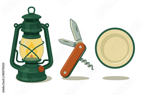 Essential camping gear collection featuring vintage lantern, multi-tool knife, and outdoor plate