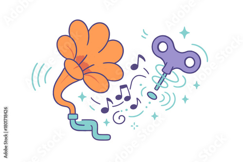 Retro music player horn and winding key with musical notes