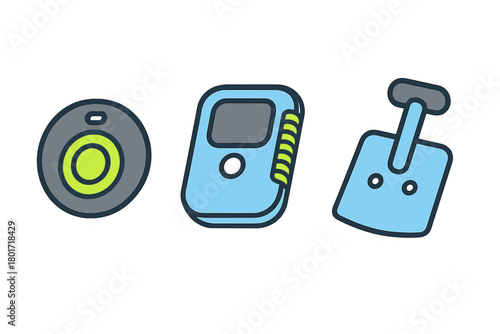 Essential avalanche safety equipment set including transceiver, shovel, and navigation tool