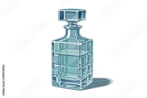 Square crystal glass decanter with faceted stopper and clear liquid